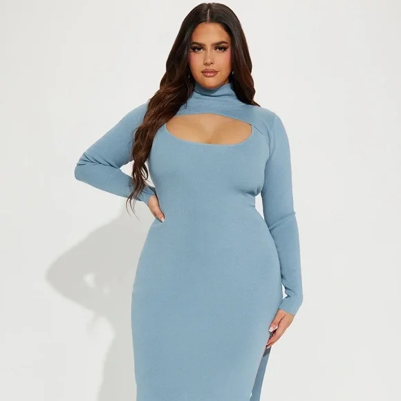 ~Allison Slate Blue Sweater Dress W/ Bolero Neckline, Front Cutout & Side Split~ - Picture 5 of 11